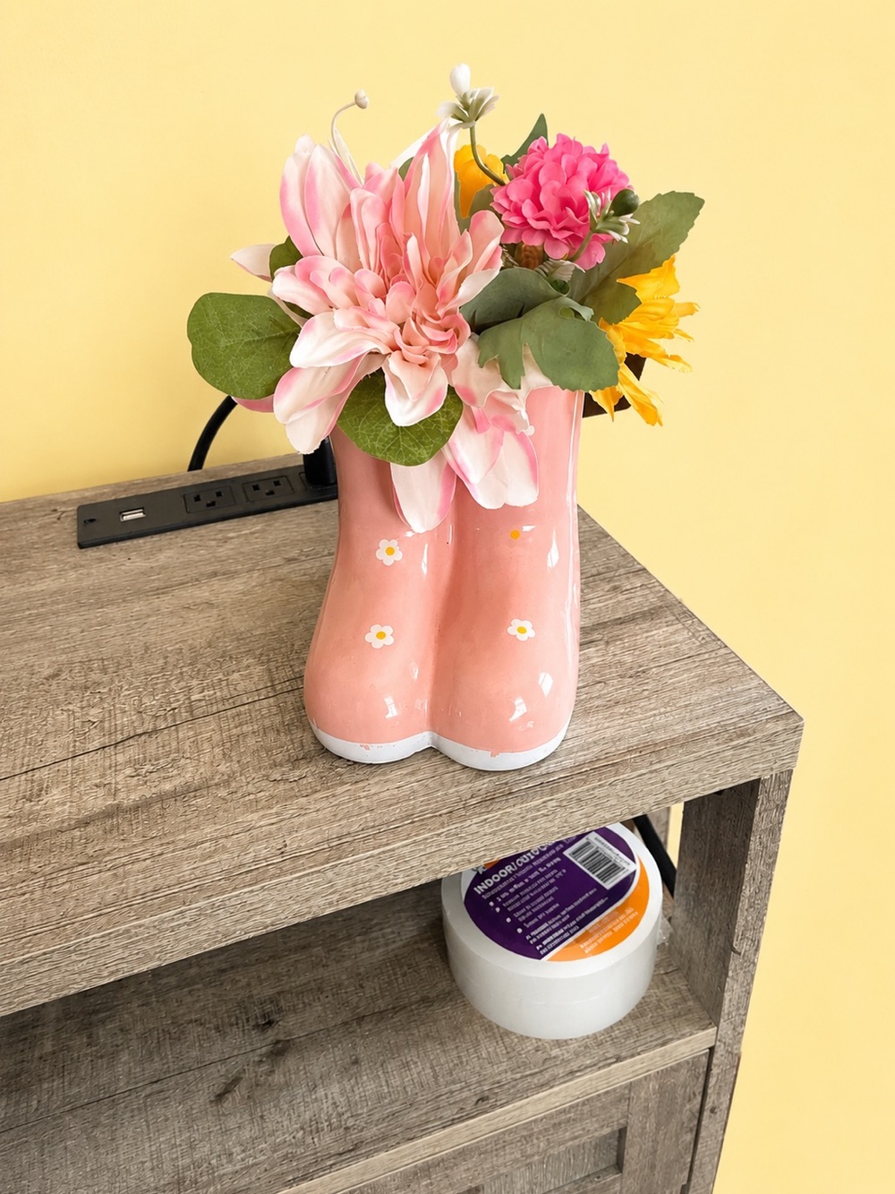 Pink Ceramic Rain Boot Vase with Floral Accent